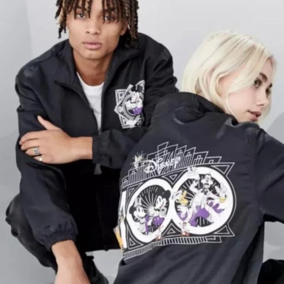 Disney 100 Mickey And Friends Black Art Deco Nylon Bomber Moto Jacket Size XXL - Picture 1 of 8